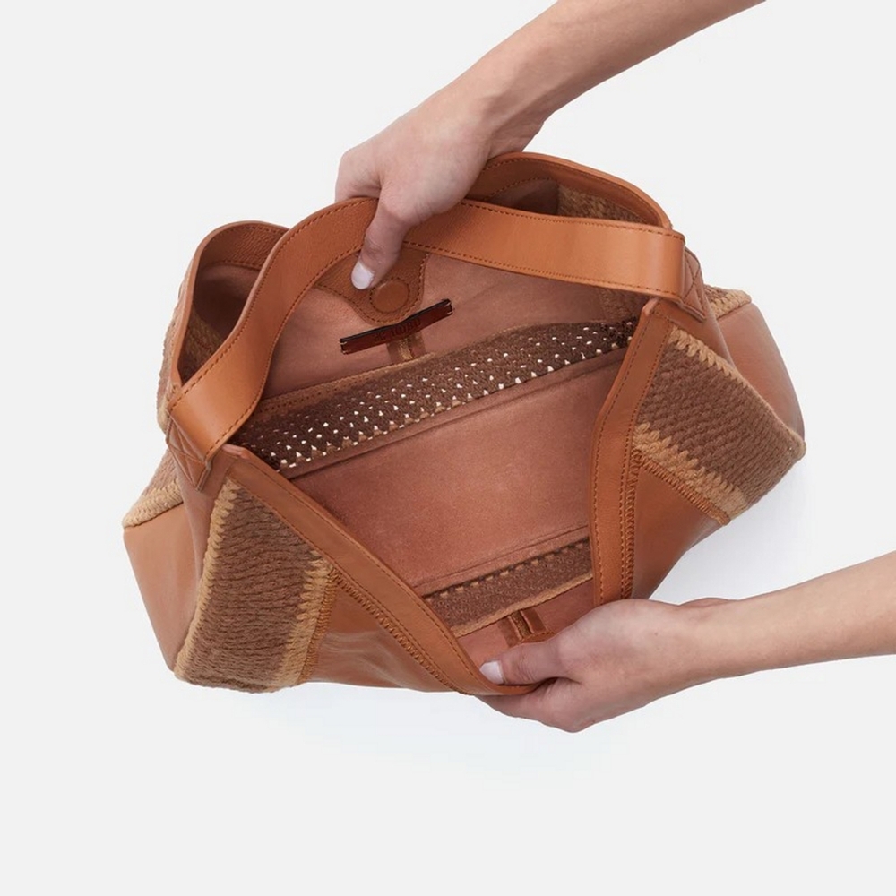 HOBO‎ Daisy Brown Crochet 100% Cow Leather Cotton Shoulder V Bag - Picture 2 of 10